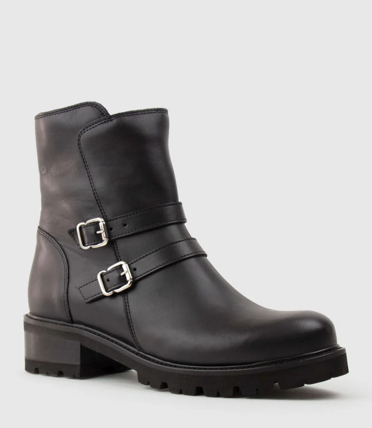 Carly Double Buckle Biker Boot In Black