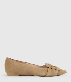 Destraflat Pointed Ballet With Buckle In Tan Suede