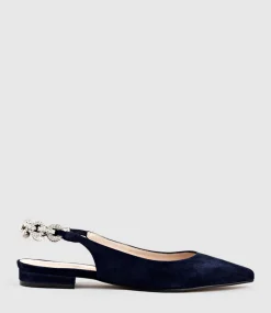 Ebony Flat Slingback With Diamond Band In Navy Suede