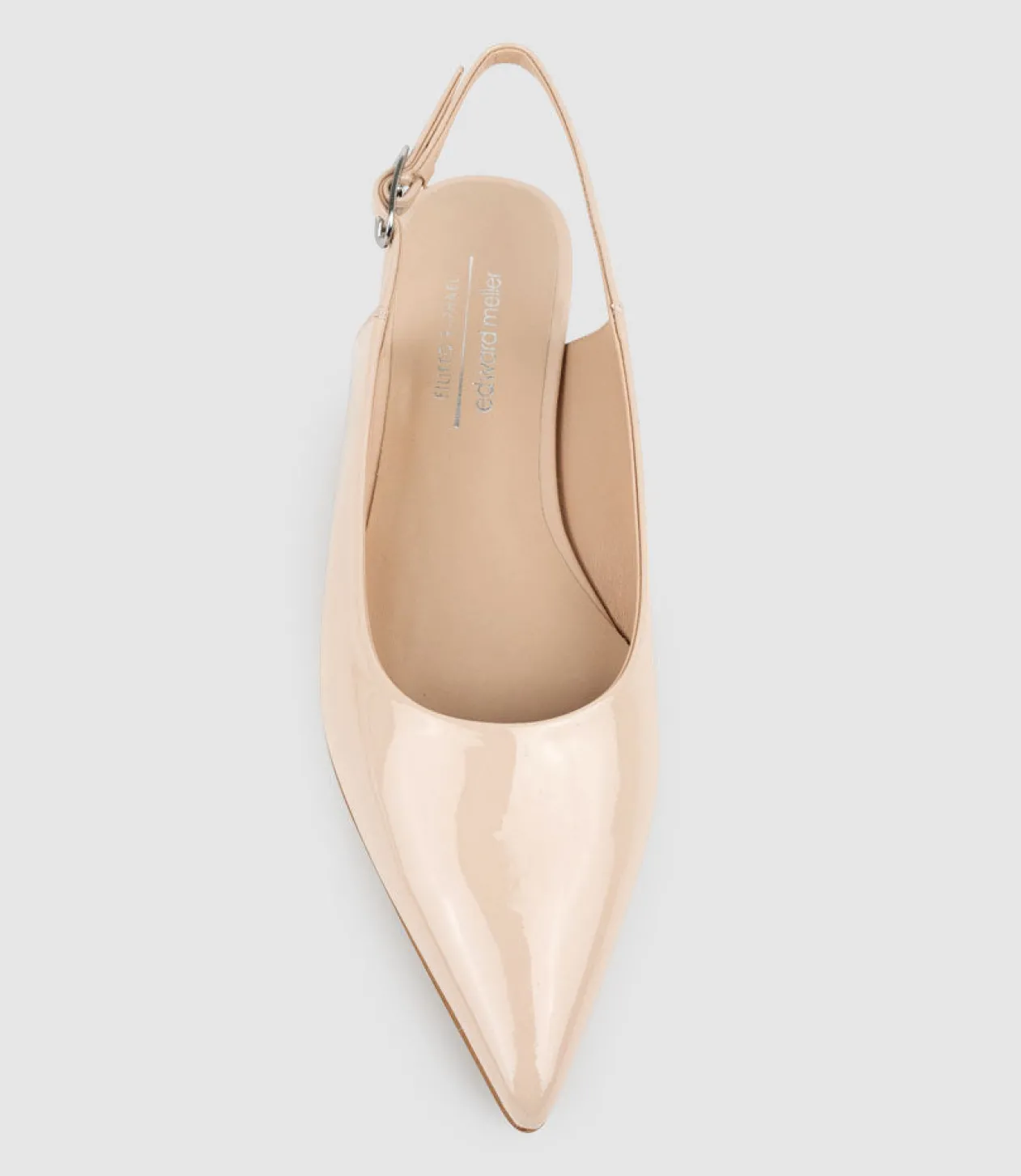 Elise Flat Closed Toe Sling In Nude Patent