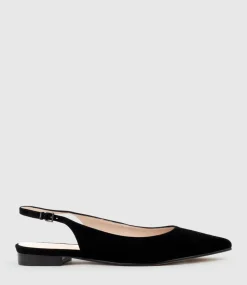 Elvan Flat Pointed Slingback In Black Suede