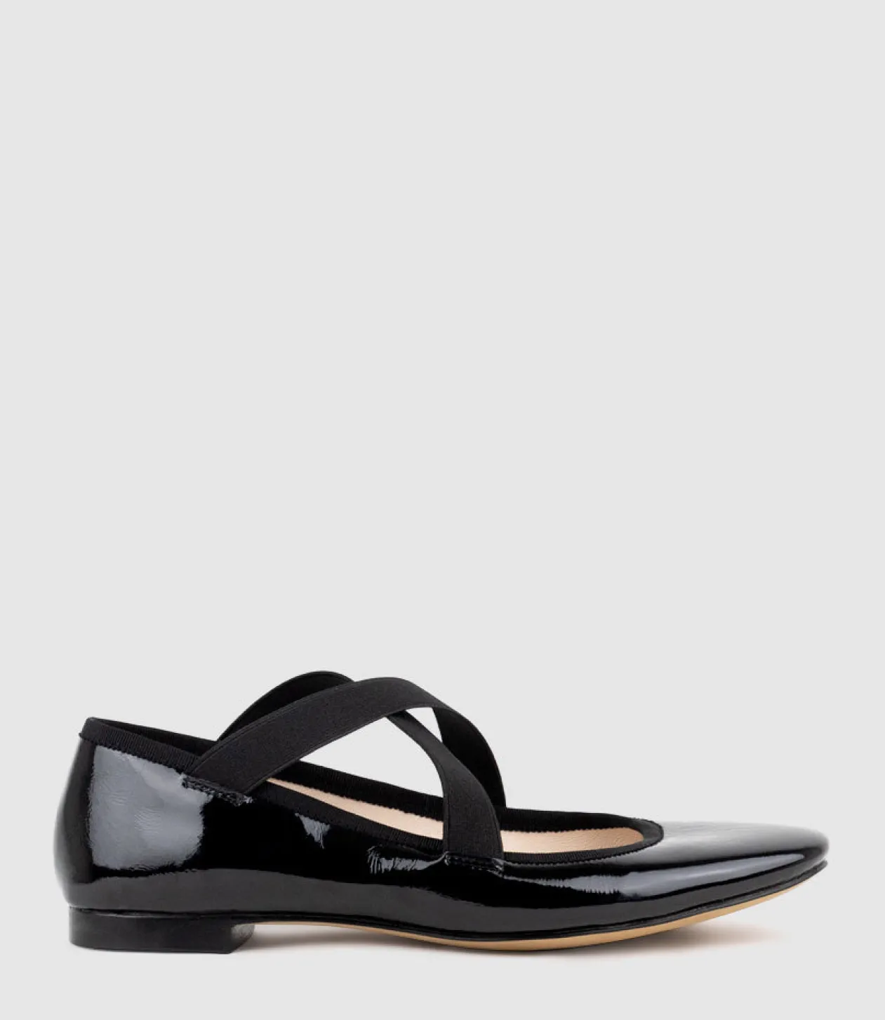 Felicity Elastic Cross Strap Ballet In Black Patent