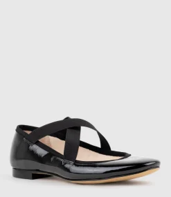 Felicity Elastic Cross Strap Ballet In Black Patent