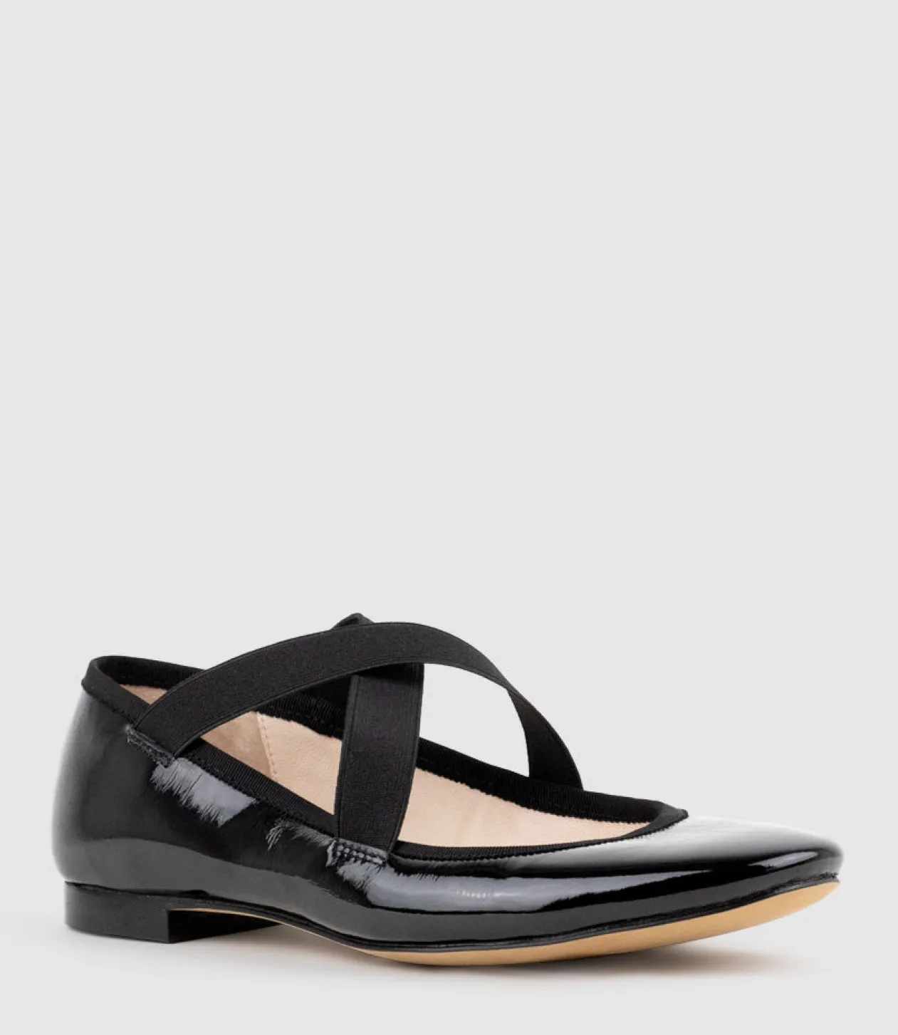 Felicity Elastic Cross Strap Ballet In Black Patent