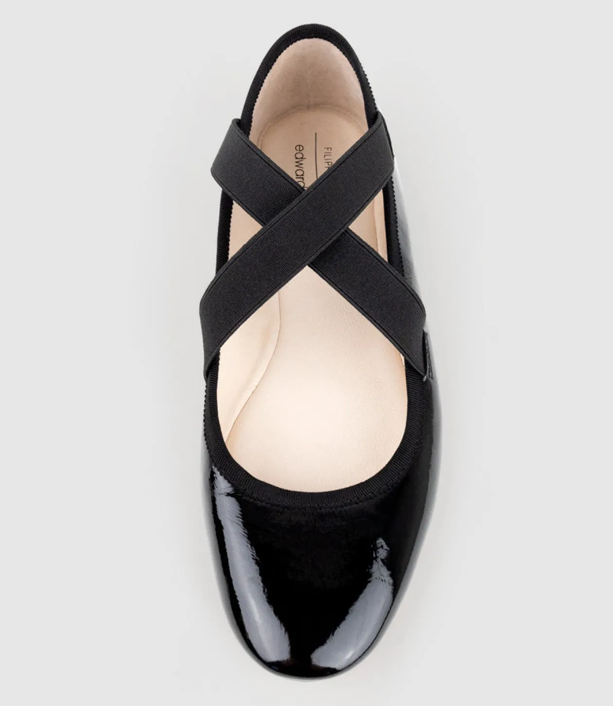 Felicity Elastic Cross Strap Ballet In Black Patent