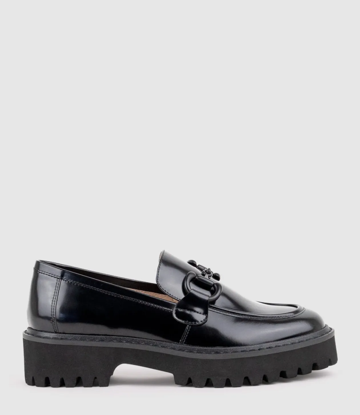 Gideon Moccasin On Chunky Sole In Black High Shine