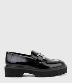 Gillie Moccasin With Crystal Trim In Black High Shine