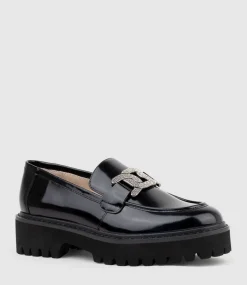 Gillie Moccasin With Crystal Trim In Black High Shine