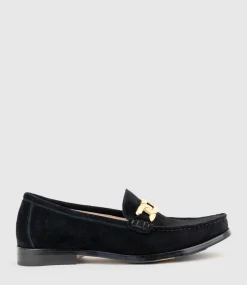 Hinge Penny Loafer With Trim In Black Suede