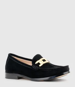 Hinge Penny Loafer With Trim In Black Suede