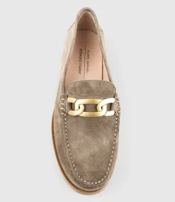 Hinge Penny Loafer With Trim In Latte Suede