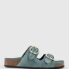Kori Two Strap Slide On Footbed In Green Suede