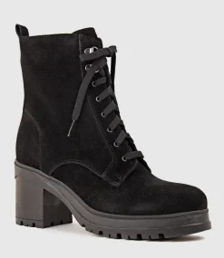 Prunella Lace Up On Rubber Heel In Black Suede