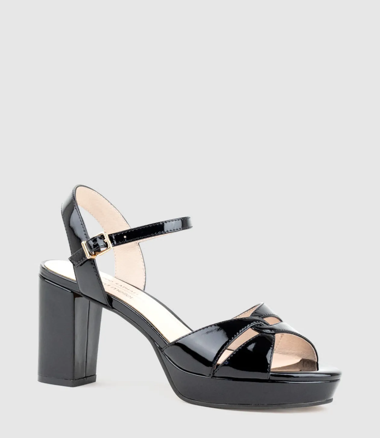Regent80 Interlocked Detail Platform Sandal In Black Patent