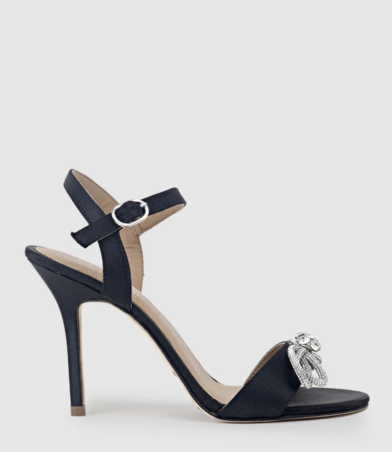 Serene100 Sandal With Crystal Bow In Black Satin