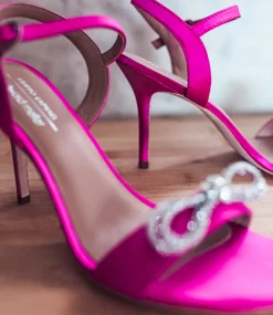 Serene100 Sandal With Crystal Bow In Hot Pink Satin