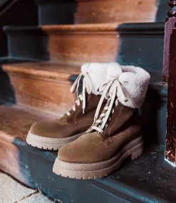 Victor Shearling Collar Lace Up Boot In Walnut Suede