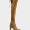 Vixen90 Block Heel Otk Stretch Boot In Tawny Suede