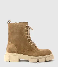 Wolfe Lace Up Boot On Chunky Sole In Beige Suede