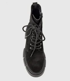Wolfe Lace Up Boot On Chunky Sole In Black Suede