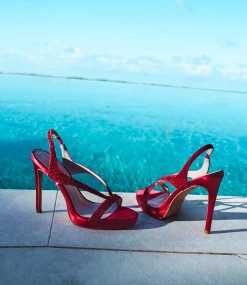 Wonder110 Jewelled Platform Sandal In Red Satin