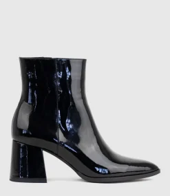 Zafa Pointed Block Heel Ankle Boot In Black Patent