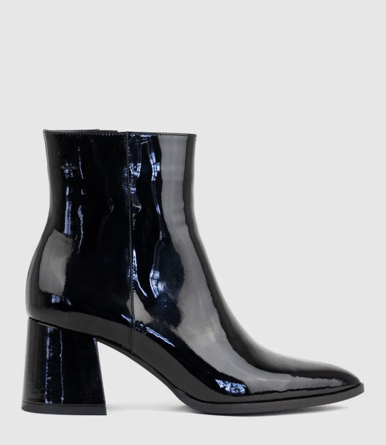 Zafa Pointed Block Heel Ankle Boot In Black Patent