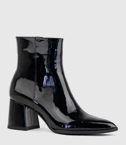 Zafa Pointed Block Heel Ankle Boot In Black Patent