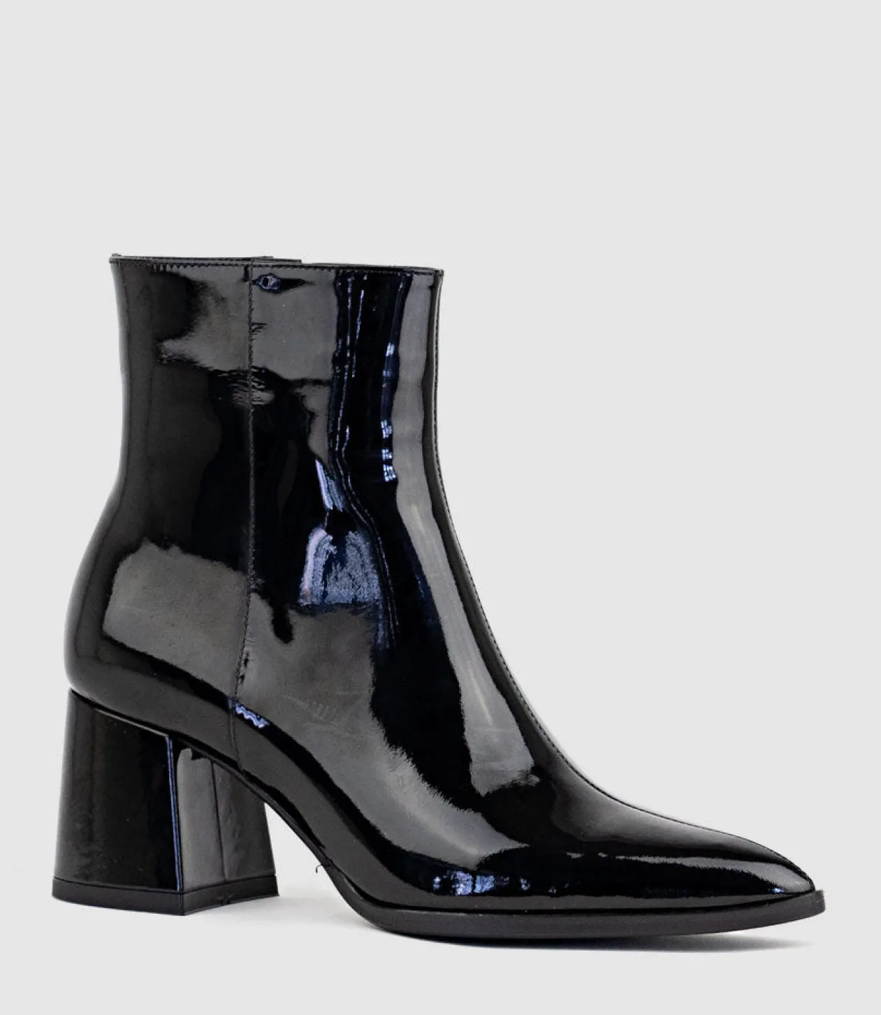 Zafa Pointed Block Heel Ankle Boot In Black Patent