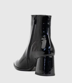 Zafa Pointed Block Heel Ankle Boot In Black Patent