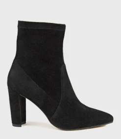 Ziah Block Heel Sock Boot In Black Suede