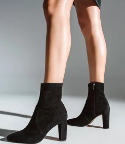 Ziah Block Heel Sock Boot In Black Suede