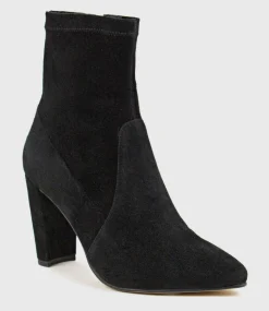 Ziah Block Heel Sock Boot In Black Suede