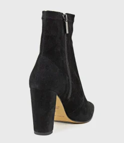 Ziah Block Heel Sock Boot In Black Suede